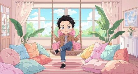 Cute Asian guy on swing chair in pastel sunroom filled with plush cushions anime cartoon illustration