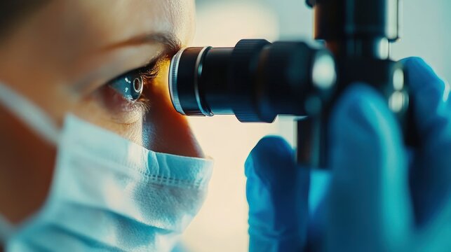 Scientist peering through a microscope while wearing a mask