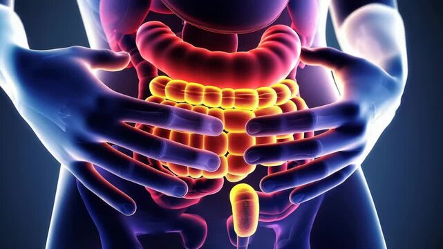 Human Digestive Anatomy, 3D illustration of human digestive system organs highlighted within a semi-transparent body silhouette.