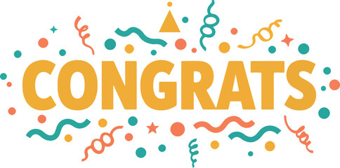 congrats modern bold text with confetti burst and ribbon doodles