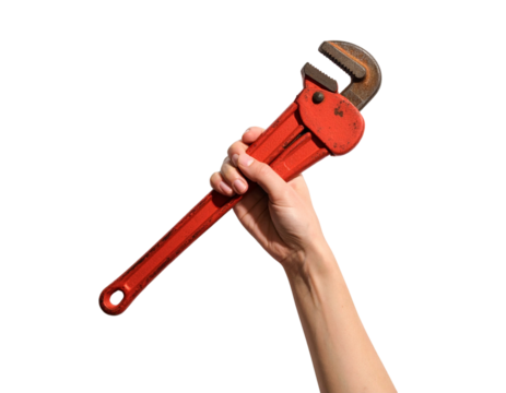 hand holding a red wrench