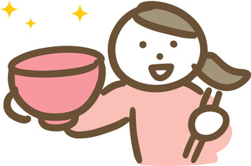 空の茶碗を持ったご飯を食べ終えた女性