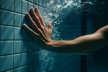 Underwater shot of swimmers hand pressing the wall in freestyle race.