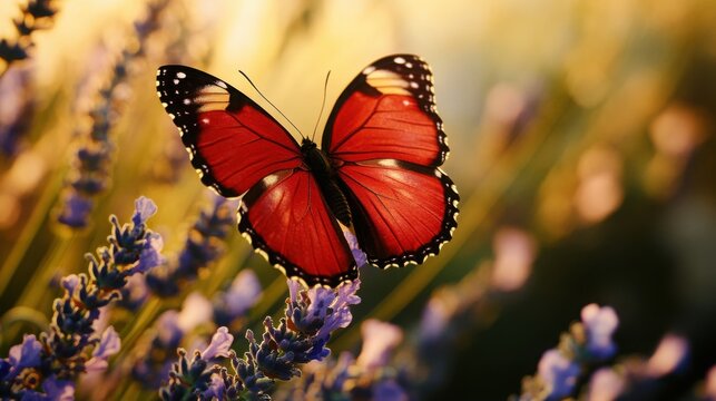 A vibrant red butterfly resting gently on lavender flowers at sunset conveying peace nature s beauty