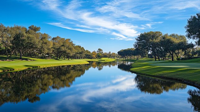 Beautiful golf course landscape with serene water reflections under a clear blue sky