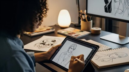 Woman Drawing Digital Art on Tablet at Desk at Home
