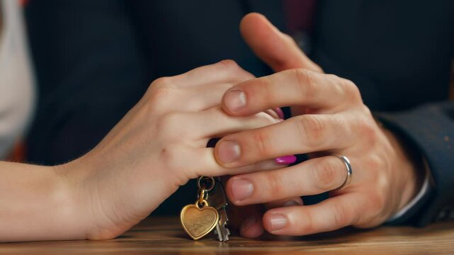 Couple holding house keys with a heart keychain symbolizing new home ownership and the joy of moving in together