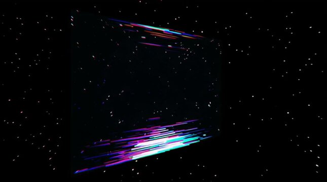 Futuristic sci-fi background of a flat LED panel floating in zero gravity, flickering with digital glitches. Perfect placeholder for logos or UI elements.

