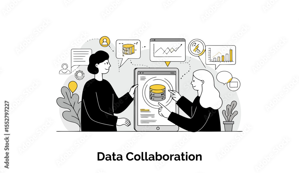 Poster two female colleagues in business attire collaborate on a digital data analysis project displayed on