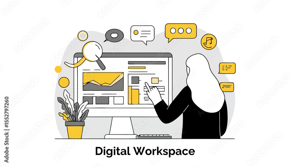Poster female professional in hijab examining digital interface at computer workstation. woman interacting 