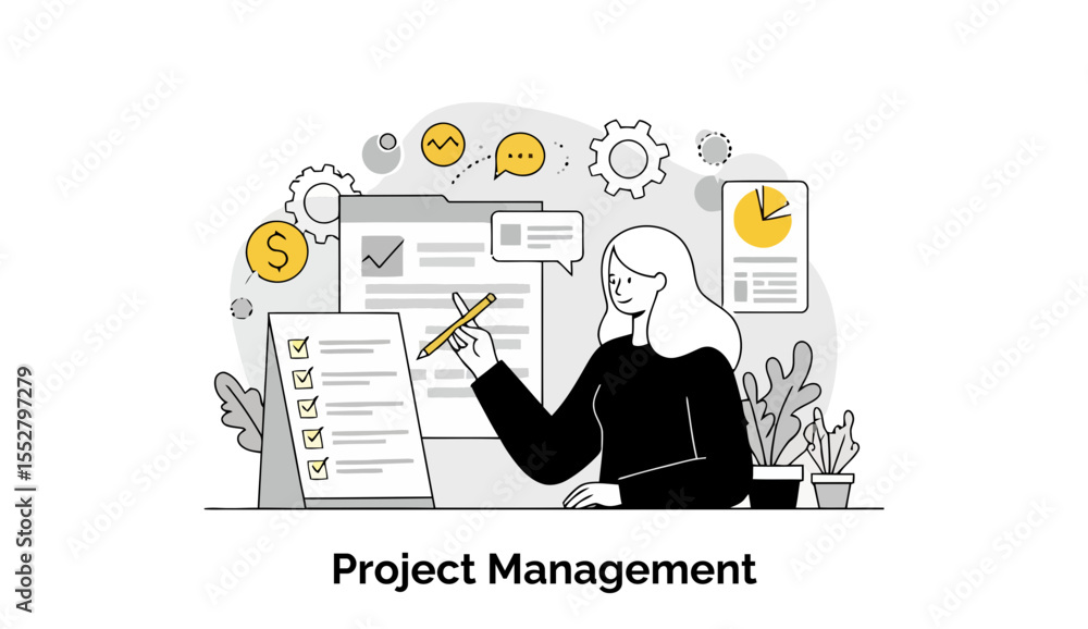 Poster a focused female project manager sits at her clean desk in a modern office environment, efficiently 