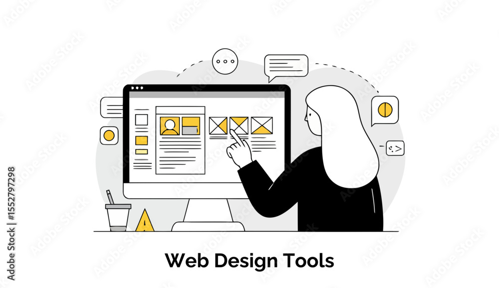 Poster female web designer in a black jacket interacts with web design tools on a computer screen in a mode