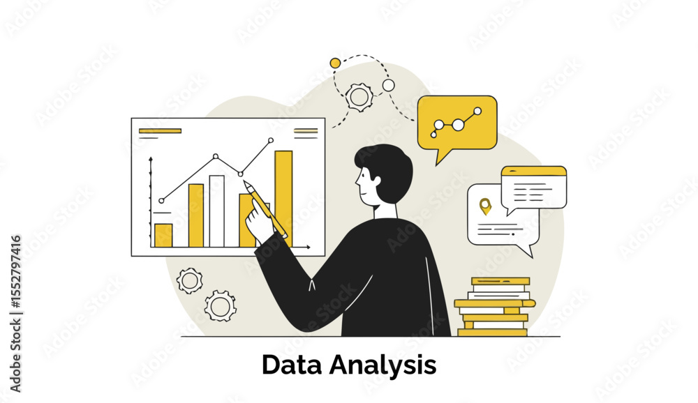 Poster young male professional in business attire pointing to data analysis graphs in a modern office setti