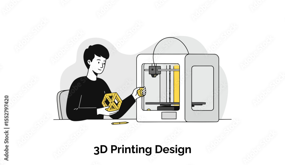 Poster young male 3d printing design student examining a 3d printed object next to a 3d printer in a modern