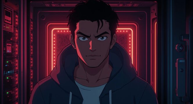 Handsome black male hacker smirking inside neon lit server vault anime cartoon illustration
