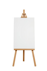 Blank white canvas on wooden easel with transparent background