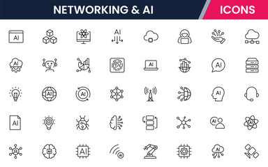 Vector illustration web line icon collection for networking & AI, connections, neural networks, data, and tech symbols in a sleek, modern, innovative design style.