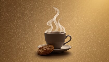 A Steaming Cup Of Coffee Beside A Delicious Cookie On A Plate With A Warm Background Texture