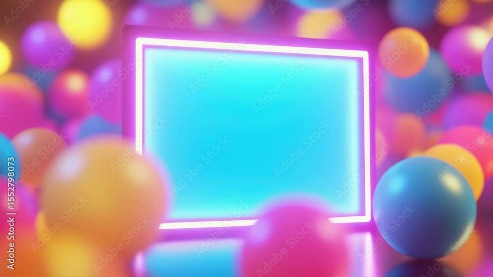 Poster a decorative frame on a table surrounded by colorful balloons in a room