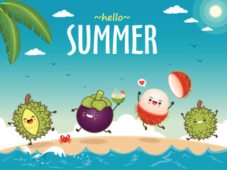 Vintage food poster design with mangosteen character summer beach