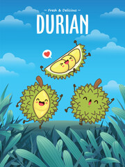 Vintage food poster design with durian character.
