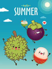 Vintage food poster design with mangosteen character summer beach