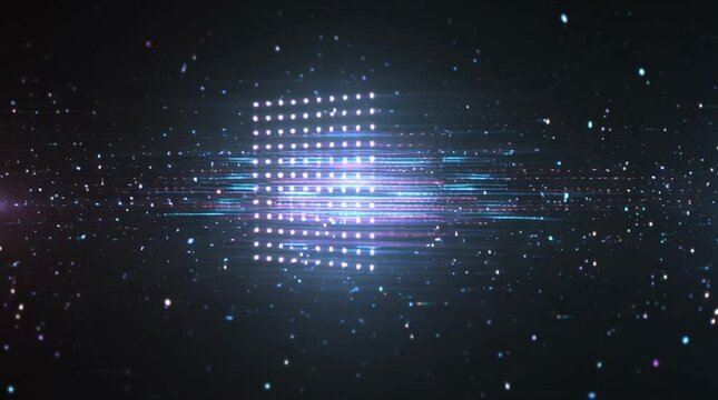 Futuristic sci-fi background of a flat LED panel floating in zero gravity, flickering with digital glitches. Perfect placeholder for logos or UI elements.

