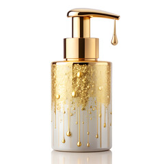 Fototapeta premium A luxurious gold and white soap dispenser with dripping gold isolated on transparent background