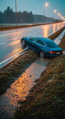 Car Skids Off Wet Road During Storm