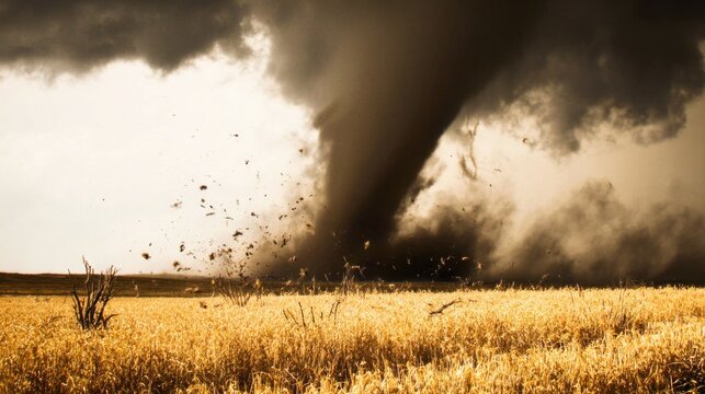 Menacing tornado swirling over golden field with dark funnel cloud, churning stormy sky, and debris violently swept into air, creating dramatic contrast. - Powered by Adobe