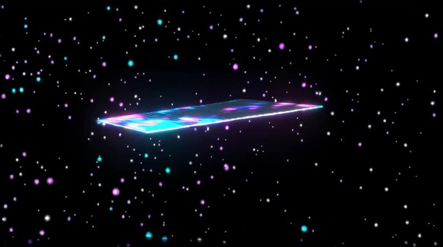 Futuristic sci-fi background of a flat LED panel floating in zero gravity, flickering with digital glitches. Perfect placeholder for logos or UI elements.

