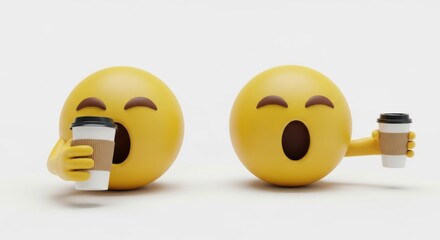 Fototapeta premium Two sleepy yellow emoji characters yawning and holding coffee cups on a white background
