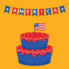 USA Independence Day cake postcard vector illustration