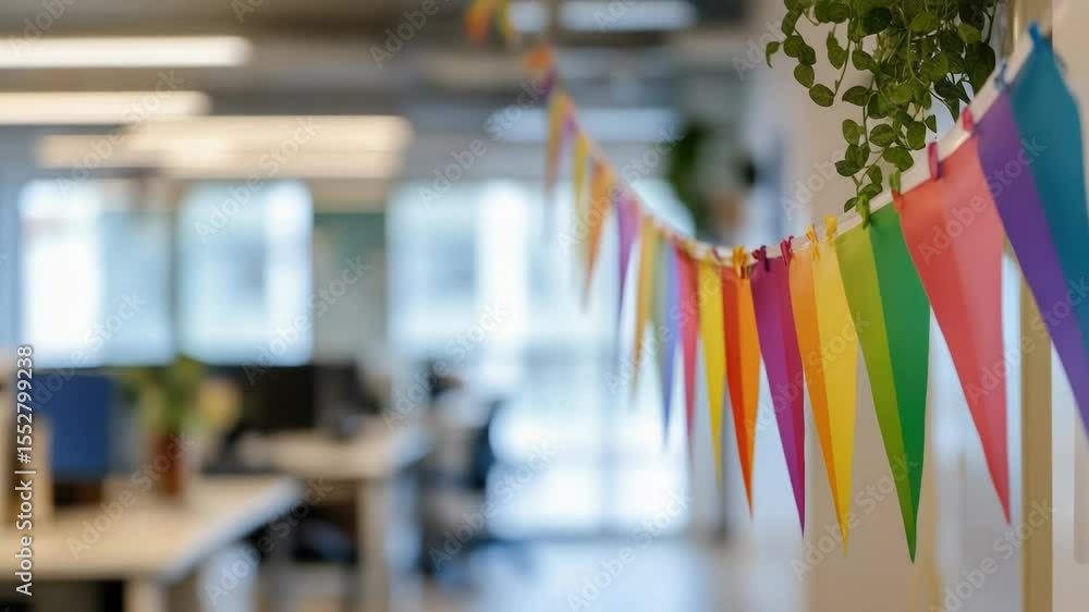 Poster a bundle of colorful flags suspended from the ceiling, ideal for use in celebratory or festive scene