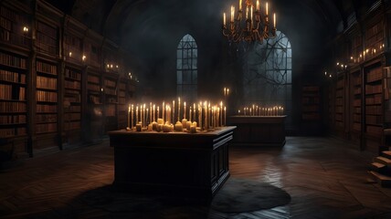 Fototapeta premium Dark Old Library Room with Candles and Chandeliers in Gothic Style