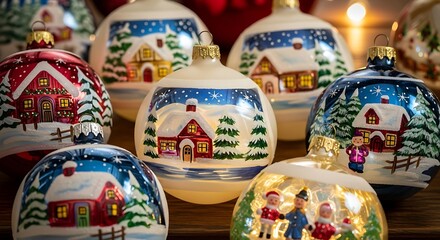 Hand-painted Christmas ornaments winter village scene