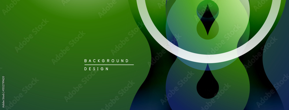 Poster Abstract green design features overlapping circles, lines. Gradient shades create depth, modern aesthetic. Minimalist composition.