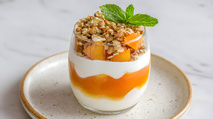 Delicious Layered Persimmon Parfait in a Glass Cup Garnished with Mint and Oat Crumble on a Plate