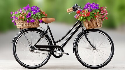 Fototapeta premium Black Bicycle with Purple and Red Flowers in Wicker Baskets