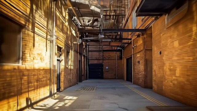Urban Alleyway Featuring Brick Walls Sunlight Shadows with a Dark Industrial Atmosphere on a Narrow Empty Passageway in the City
