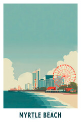 Myrtle Beach, South Carolina USA illustrated poster in retro style. Vintage travel booklet, brochure, postcard, print, cover with skyline
