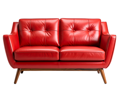  Minimalist red leather loveseat with modern curved arms and slim wooden legs