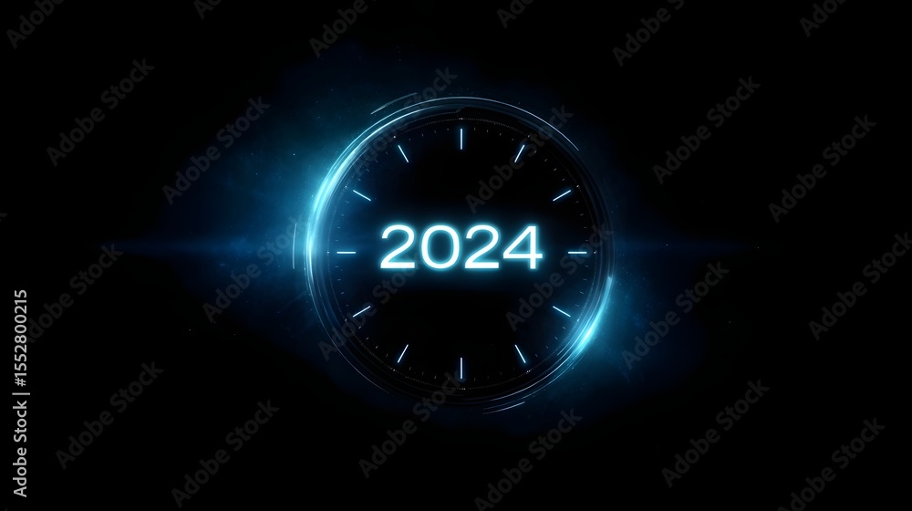 Poster glowing clock ui displaying transition from 2024 to 2025