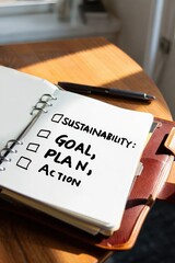 Sustainability Plan Checklist in Office with Pen and Notebook, ESG Focused, ESG