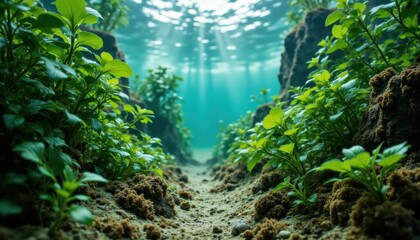 Underwater Scene with Lush Green Plants and Rays of Light in a Serene Aquatic Environment