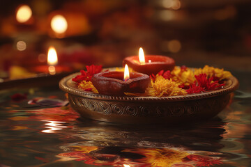 Glowing Diwali diyas floating in water bowl with flower petals