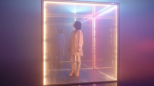 A woman stands motionless inside a glowing holographic cube as the camera slowly rotates in a surreal, editorial shot. A futuristic concept blending technology, data, and art
