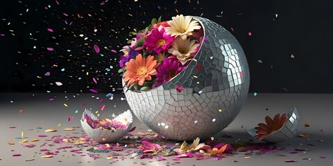 Disco ball cracked open like an egg, spilling out colorful flowers and glittery confetti., surreal still life, concept art,