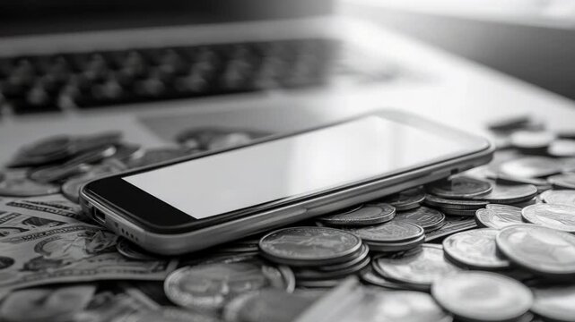 A cell phone sits atop a pile of money, conveying wealth and prosperity