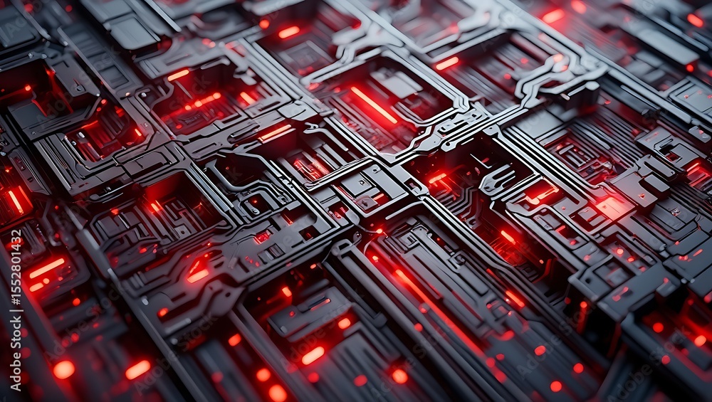 Poster intricate digital circuitry design with glowing red accents and abstract geometric patterns